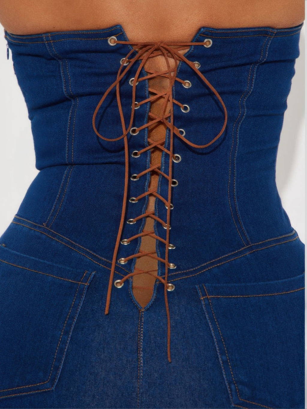 Strapless Denim Jumpsuit With Lace Up Back Selvanelle
