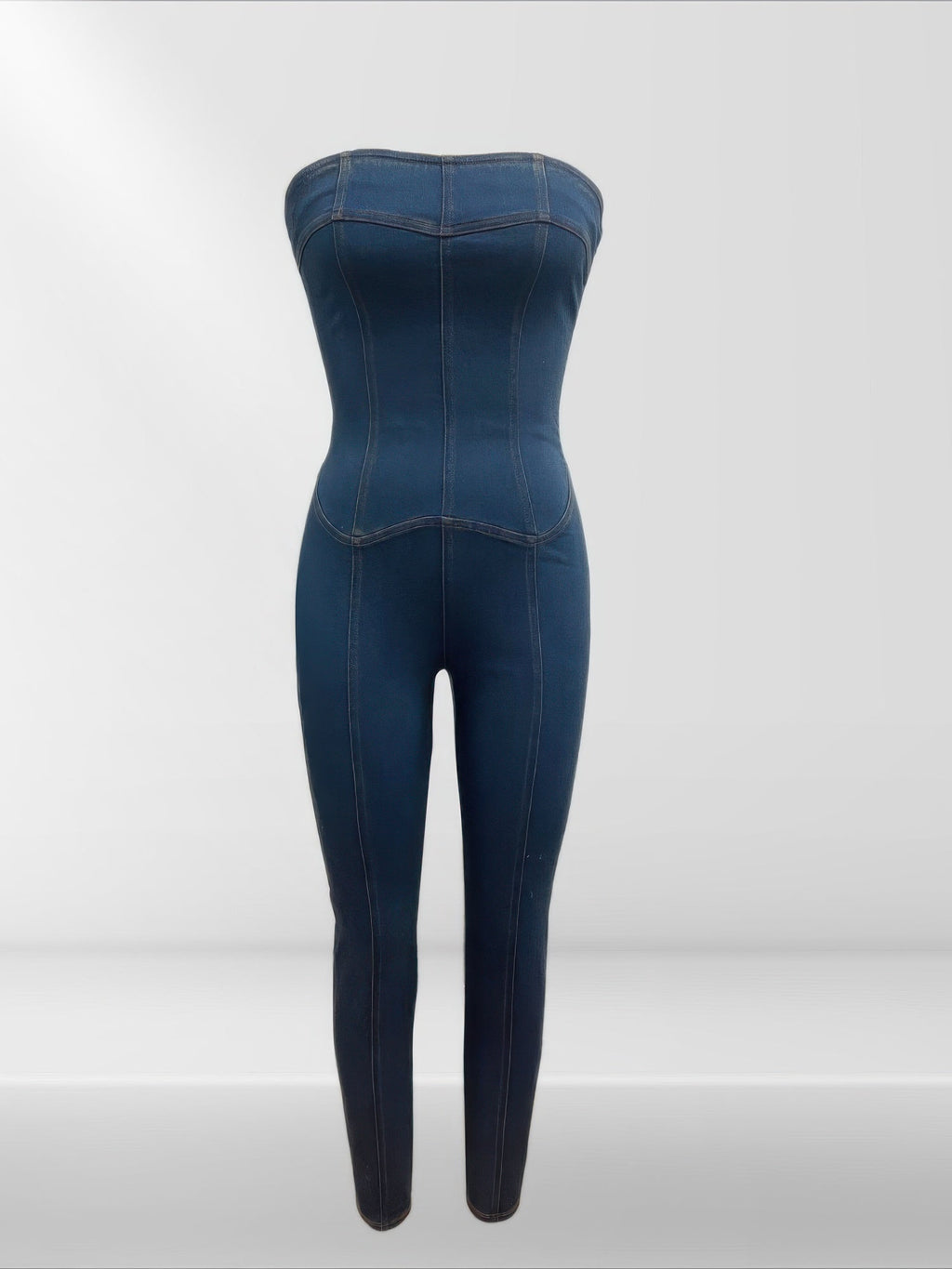 Strapless Denim Jumpsuit With Lace Up Back Selvanelle
