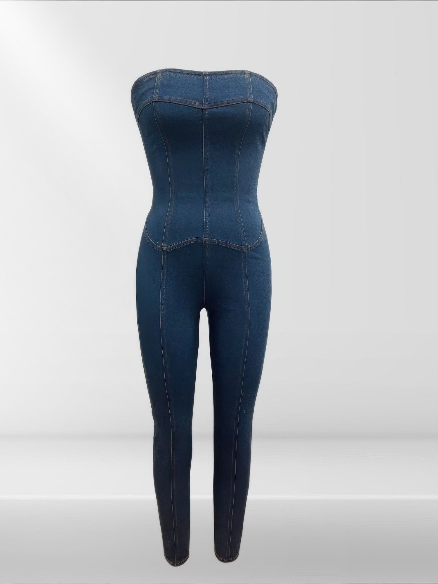 Strapless Denim Jumpsuit With Lace Up Back Selvanelle