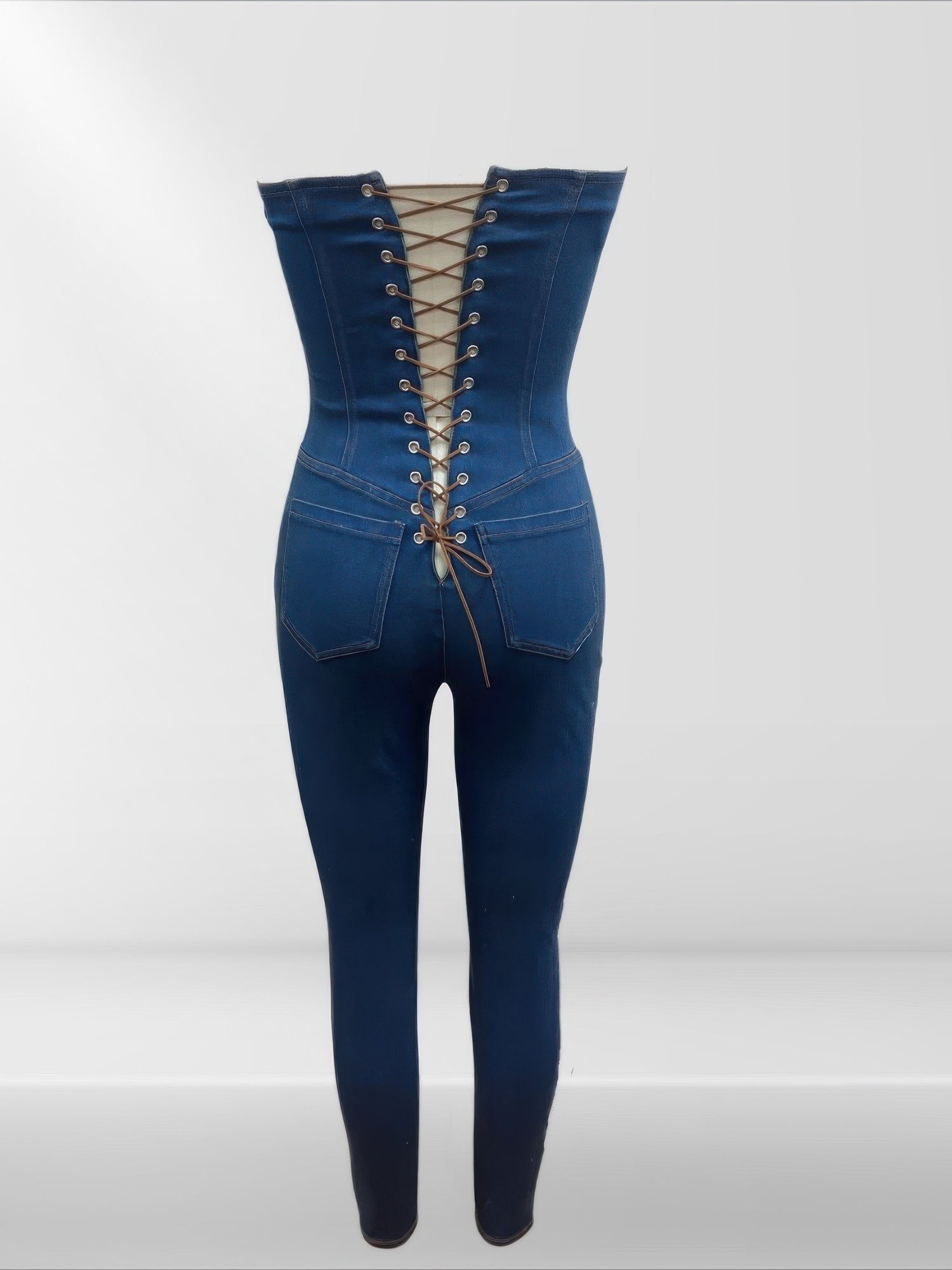 Strapless Denim Jumpsuit With Lace Up Back Selvanelle