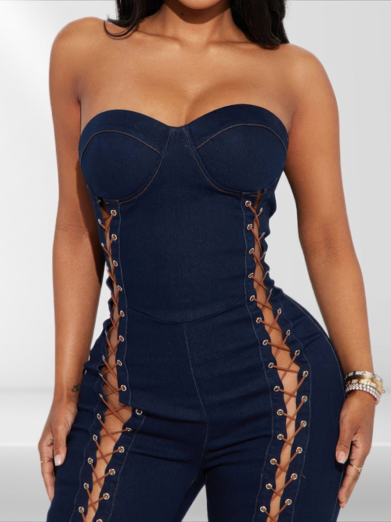 Lace Up Detail Denim Jumpsuit Selvanelle