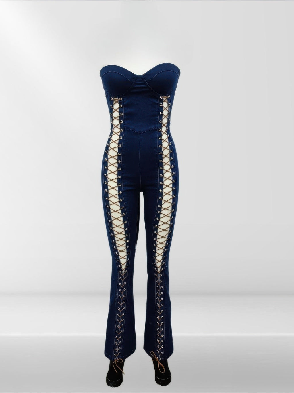 Lace Up Detail Denim Jumpsuit Selvanelle