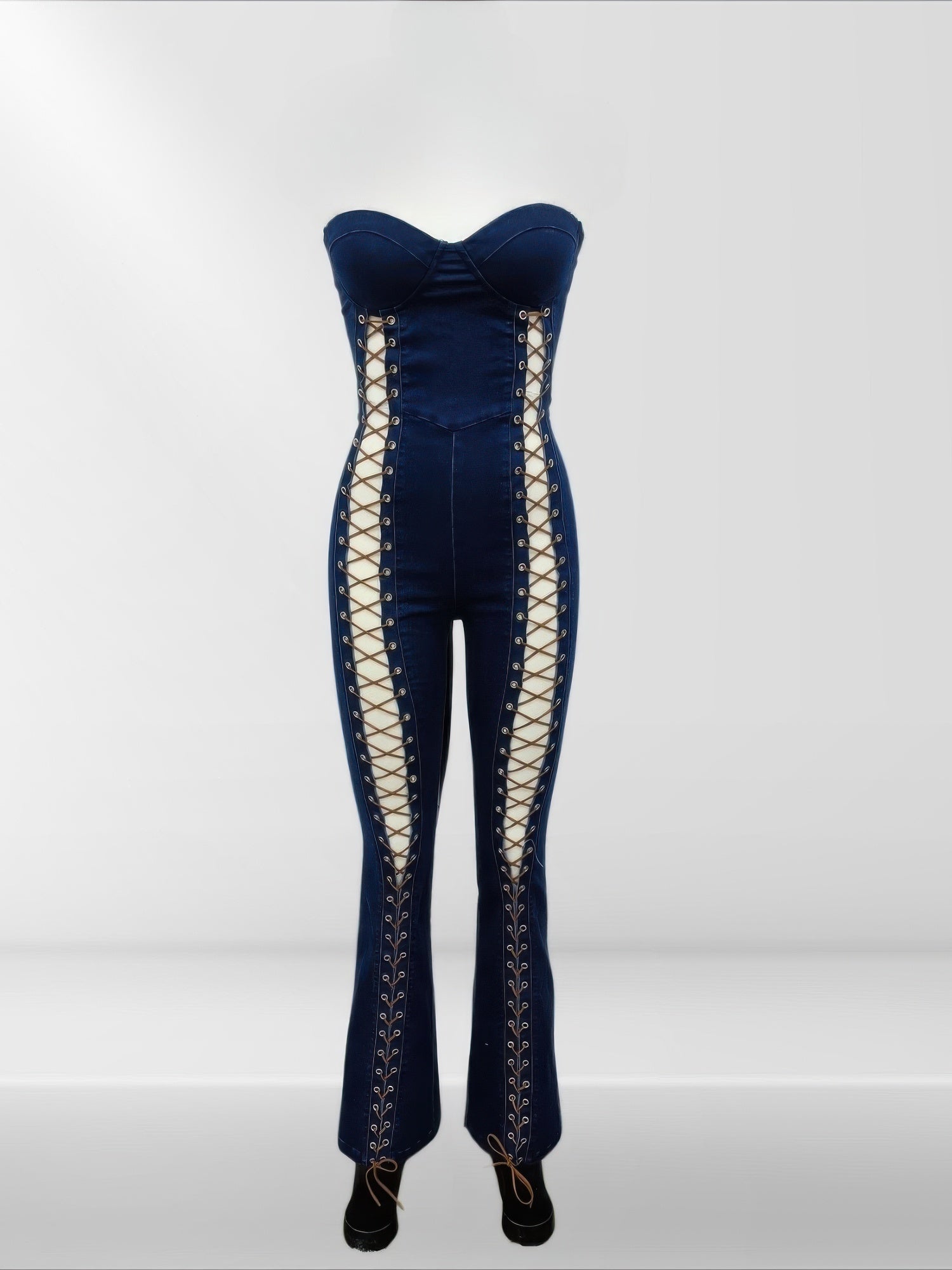 Lace Up Detail Denim Jumpsuit Selvanelle