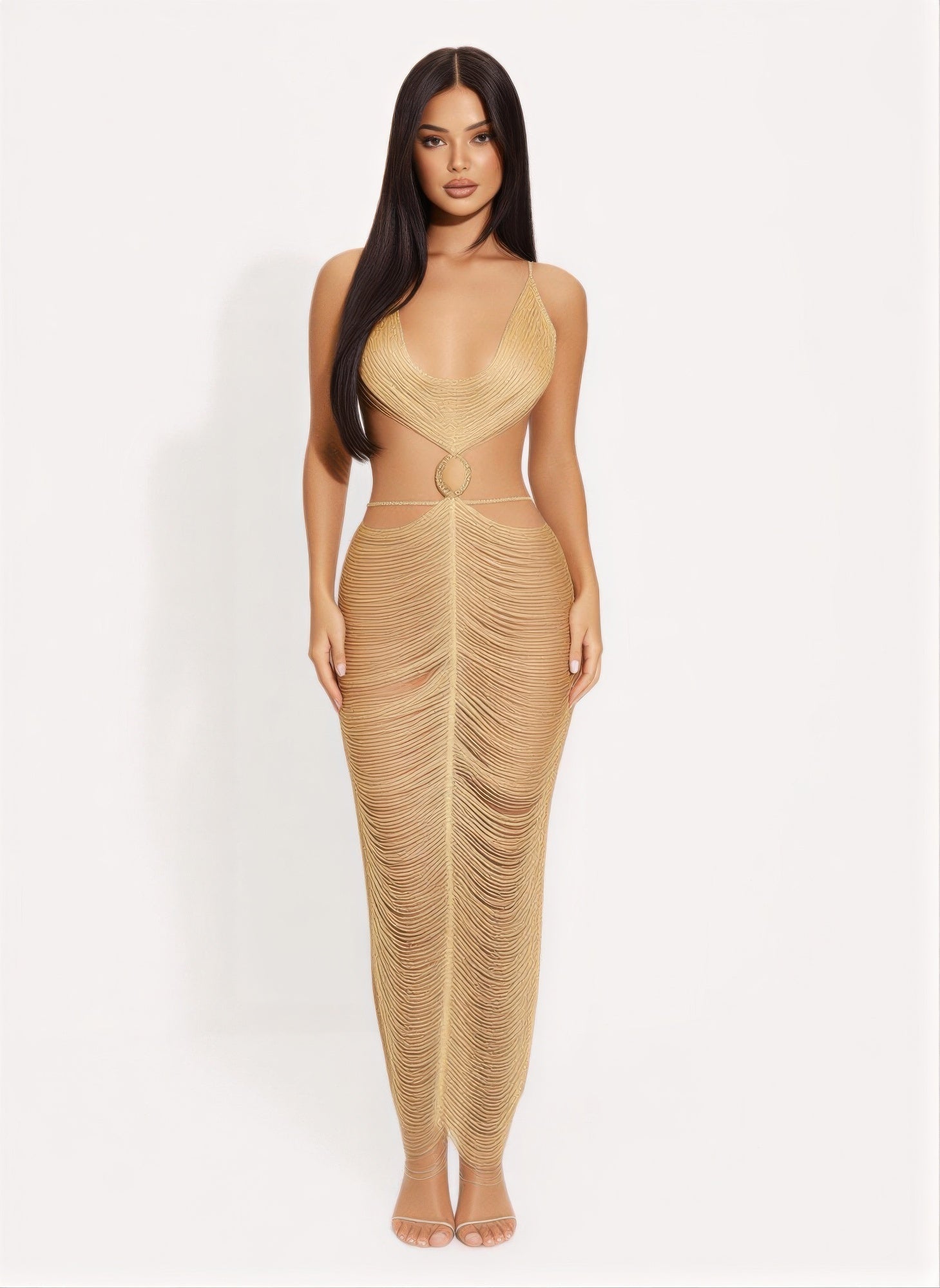 Metallic Cut Open Back Maxi Dress OyeraCharisma
