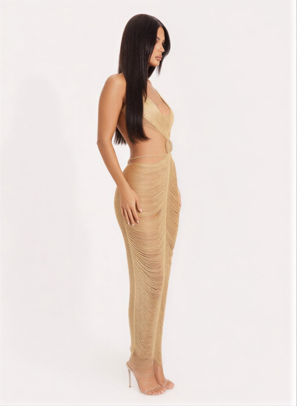 Metallic Cut Open Back Maxi Dress OyeraCharisma