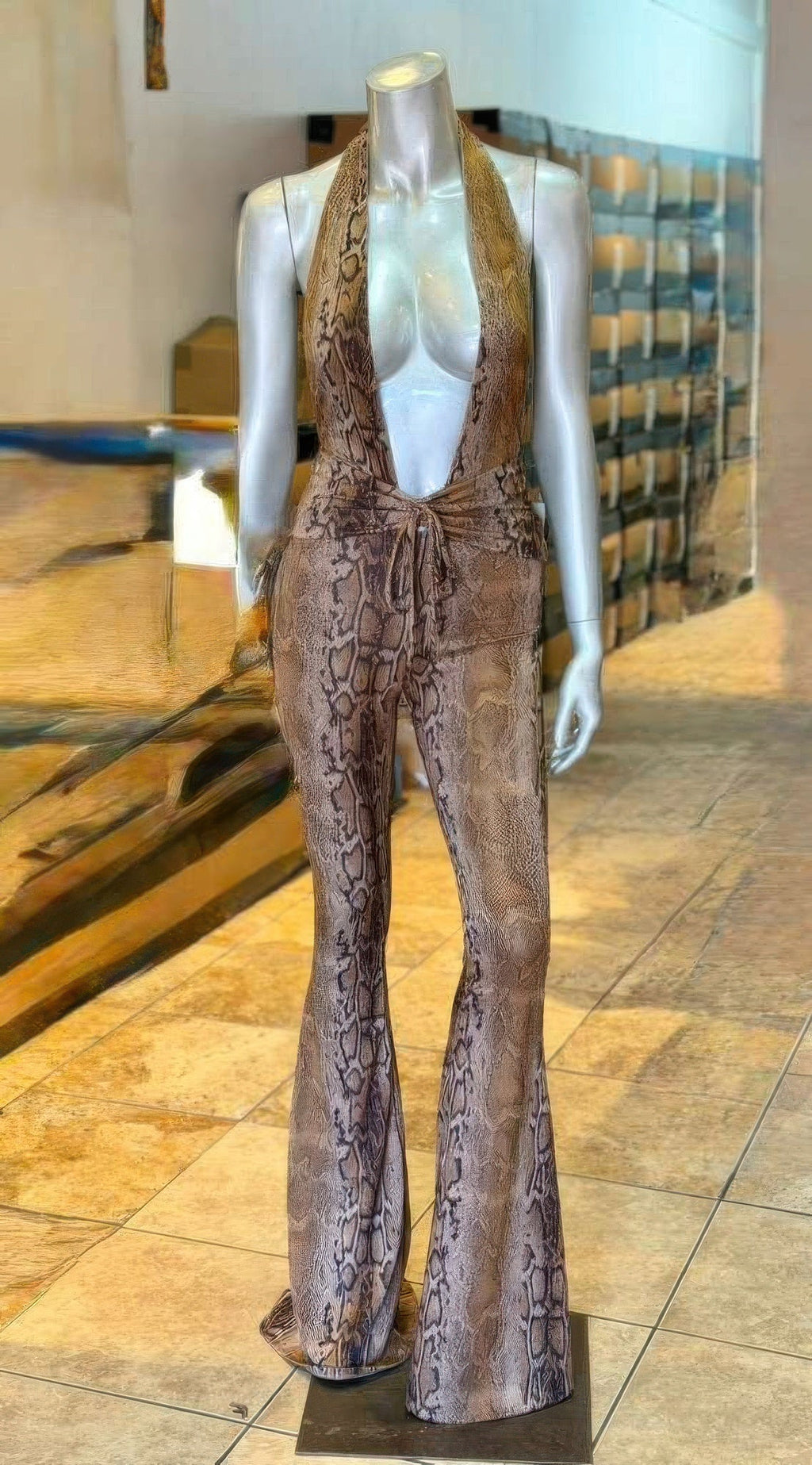 Snake Print Tie Open Back Jumpsuit Selvanelle