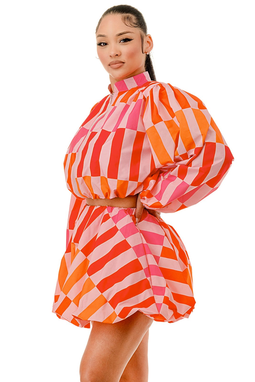 Balloon Long Sleeves Front Zipper Closure Crop Jacket & Mini Bubble Skirt -2 Piece Set The House of Stylez