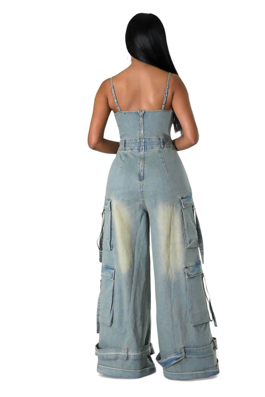 Dirty Wash Denim Jean Cargo Jumpsuit The House of Stylez