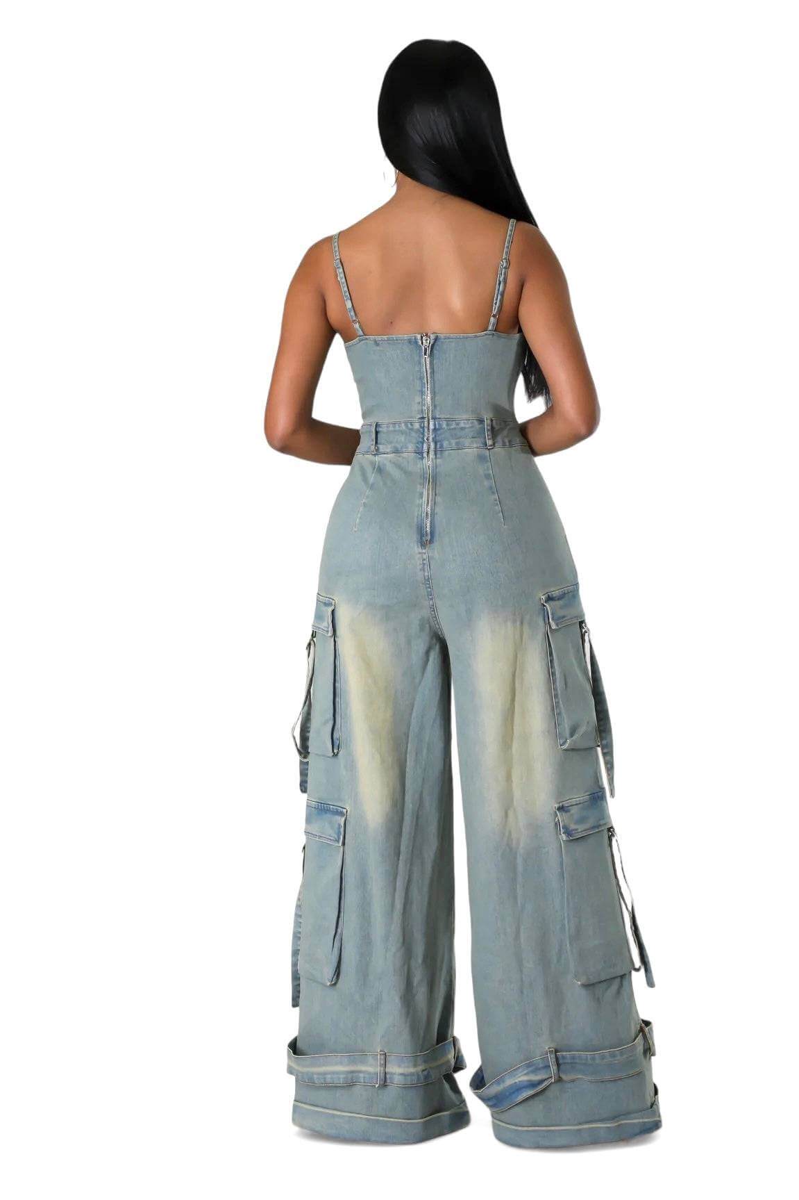 Dirty Wash Denim Jean Cargo Jumpsuit The House of Stylez