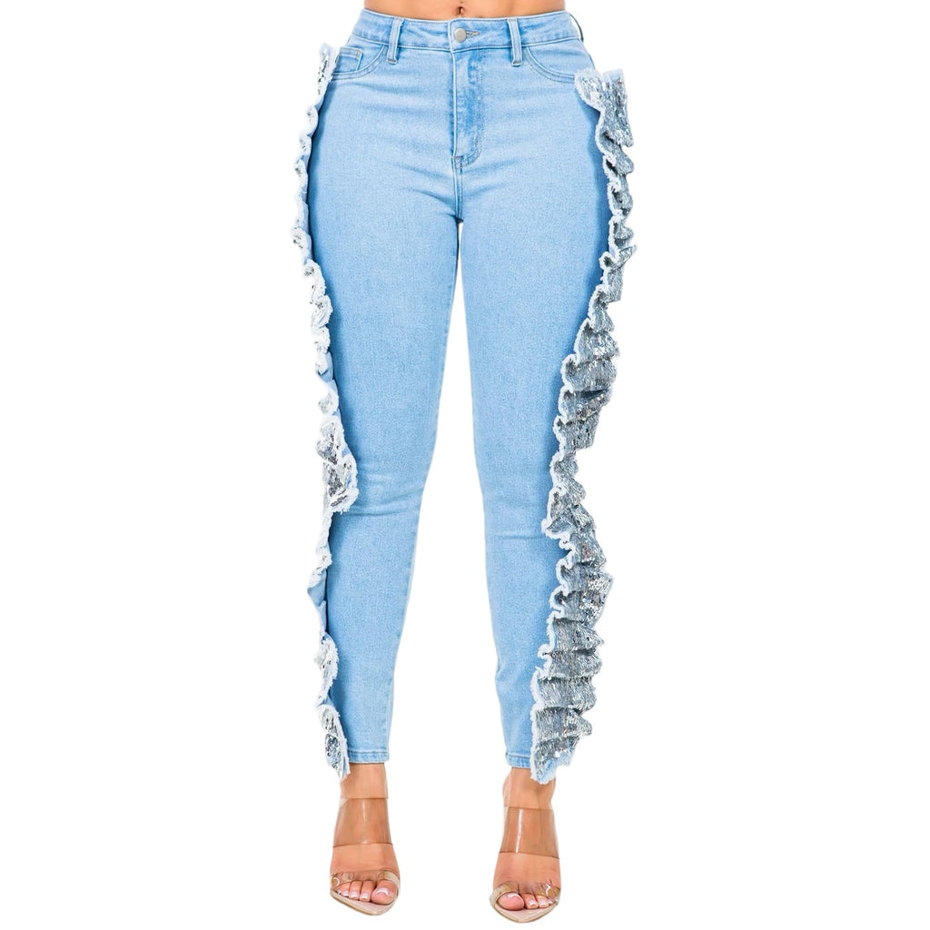 High Waist Sequin Fringed Patch Skinny Jeans The House of Stylez