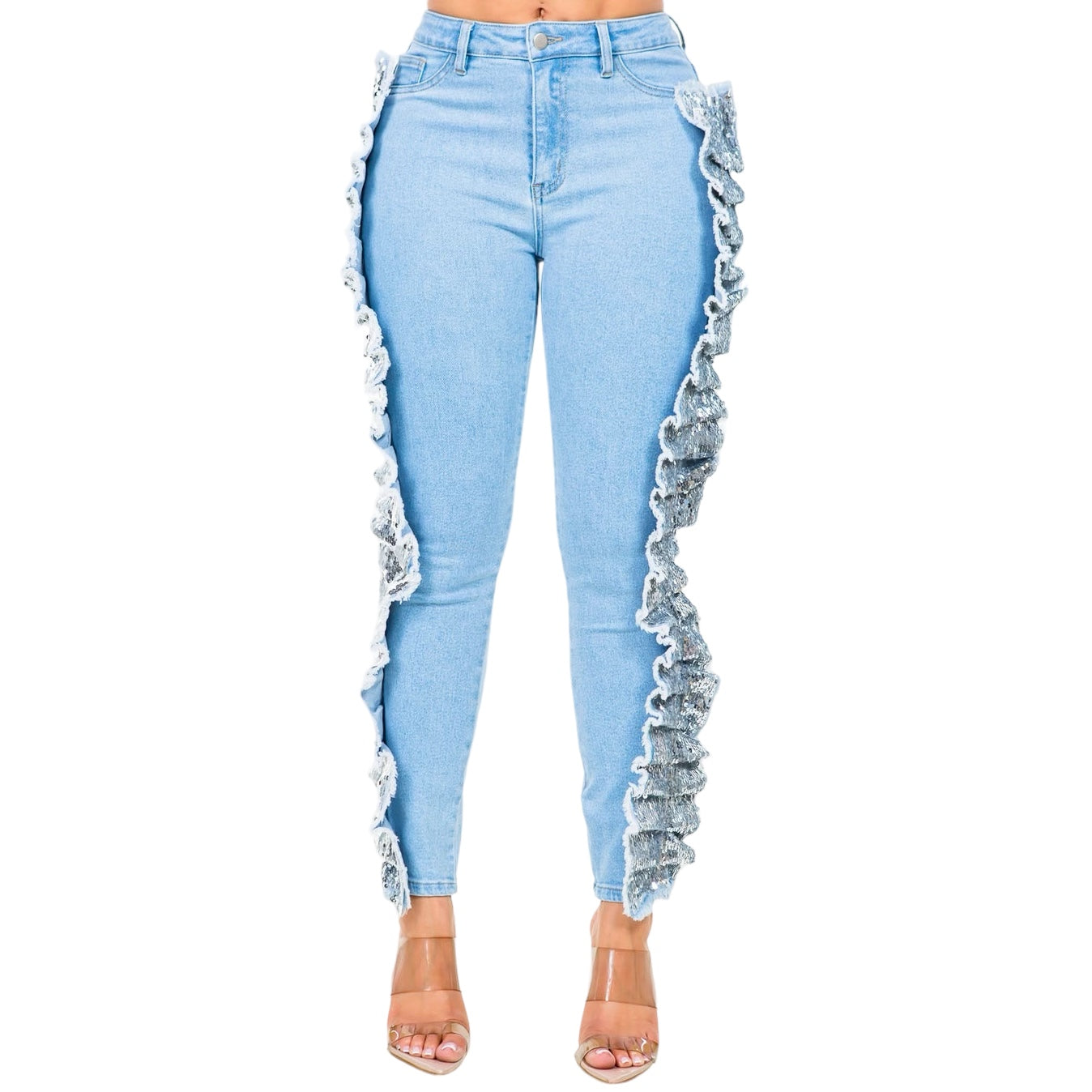 High Waist Sequin Fringed Patch Skinny Jeans The House of Stylez