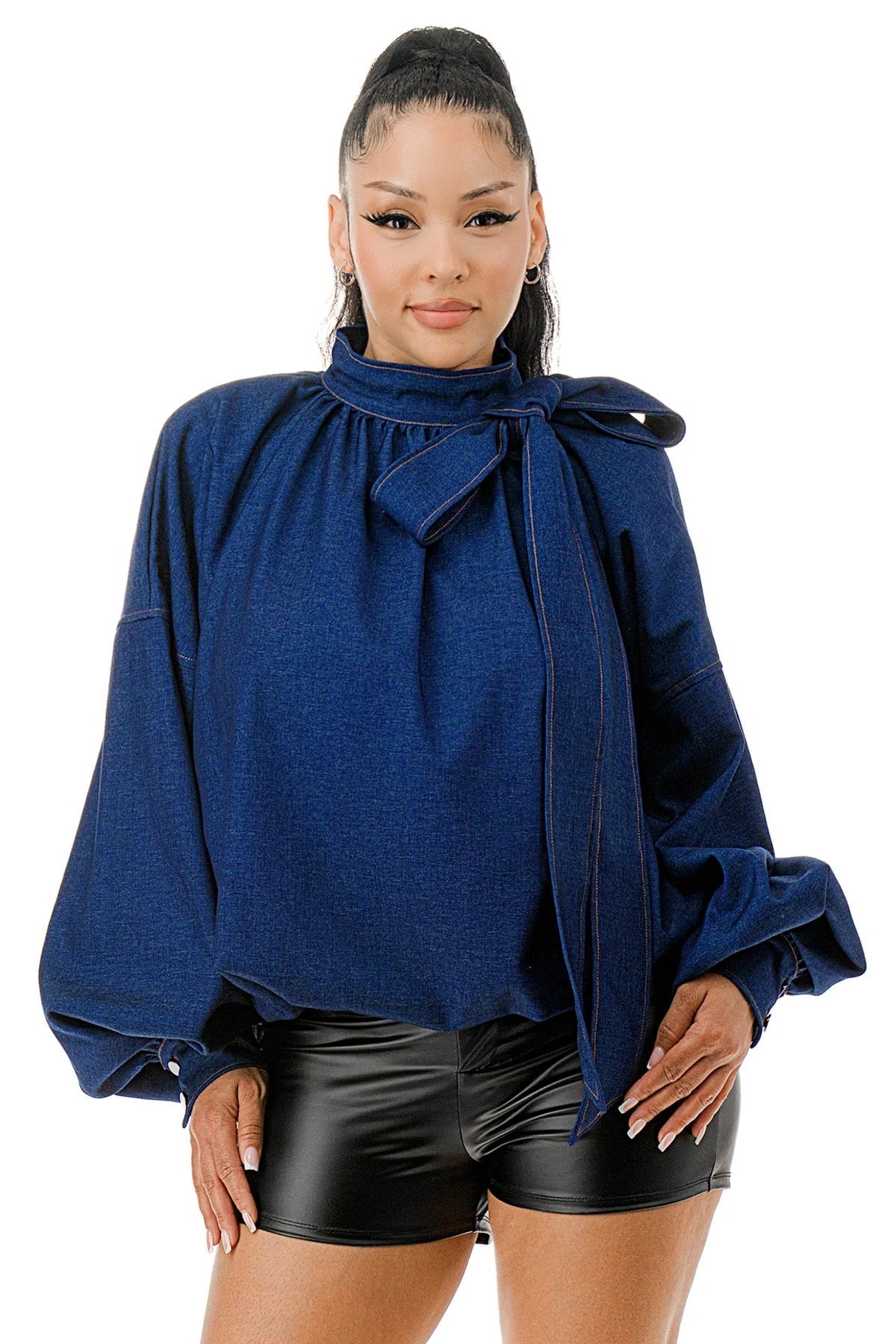 Mock Neck with Tie Puff Long Sleeve Bubble Hem Denim Blouse Top {fits oversized} The House of Stylez