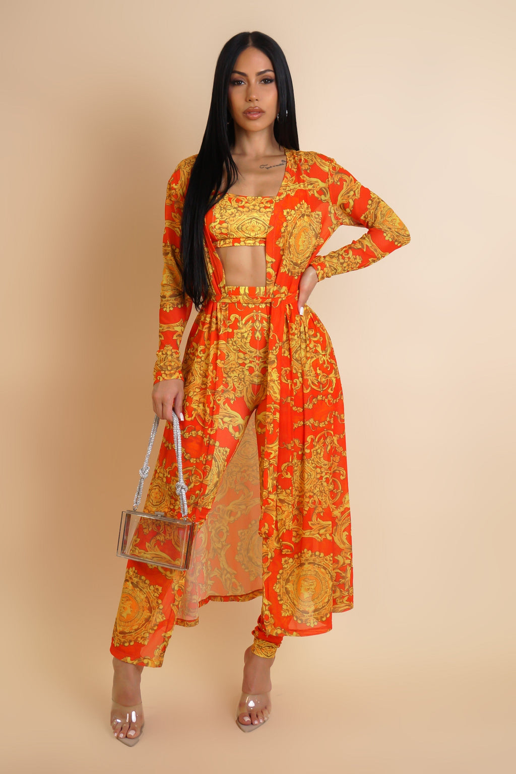Flirt Alert Leggings, Cropped Top, & Cardigan 3-Piece Set- Orange S&E Retail Expo