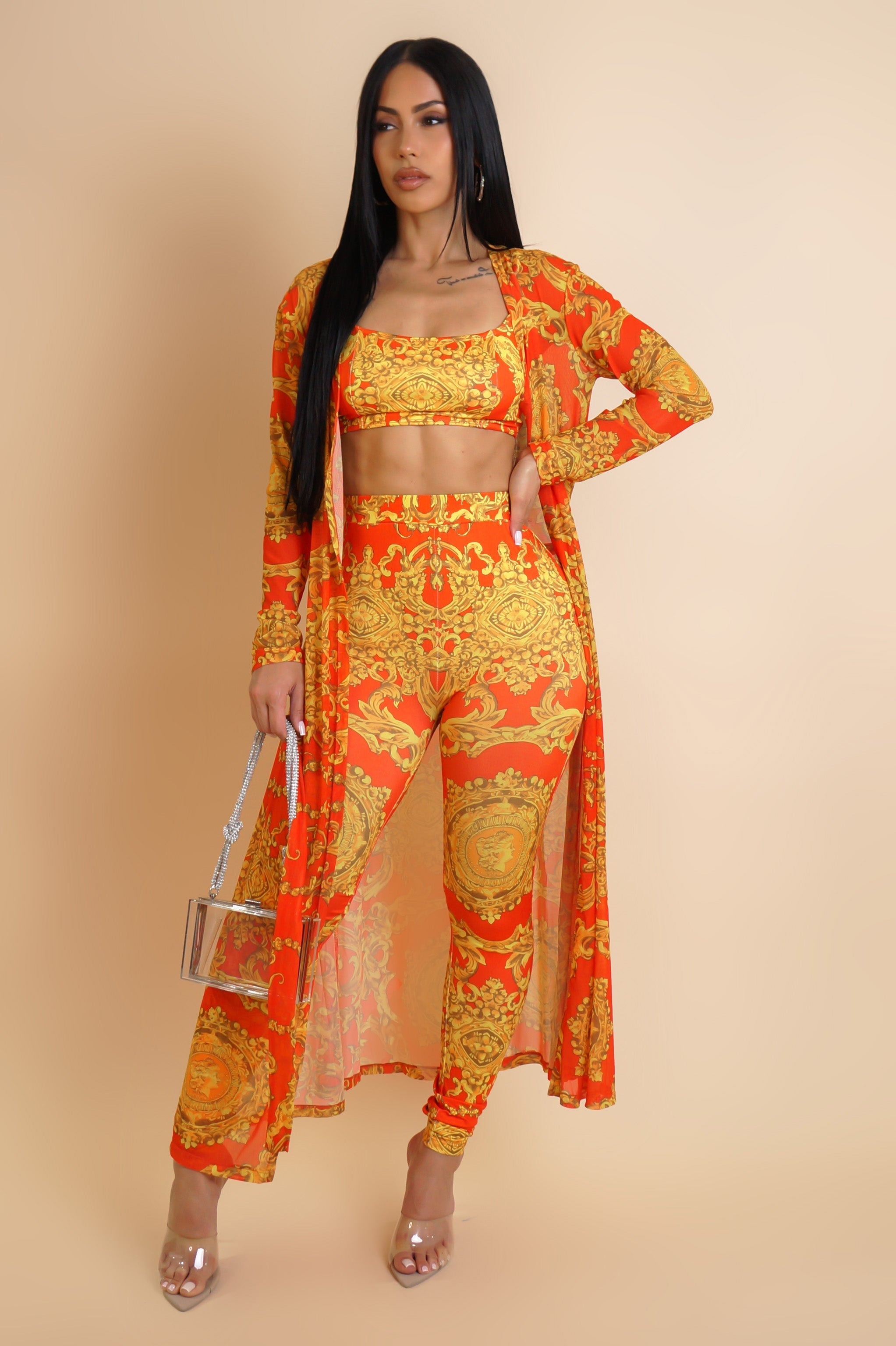 Flirt Alert Leggings, Cropped Top, & Cardigan 3-Piece Set- Orange S&E Retail Expo