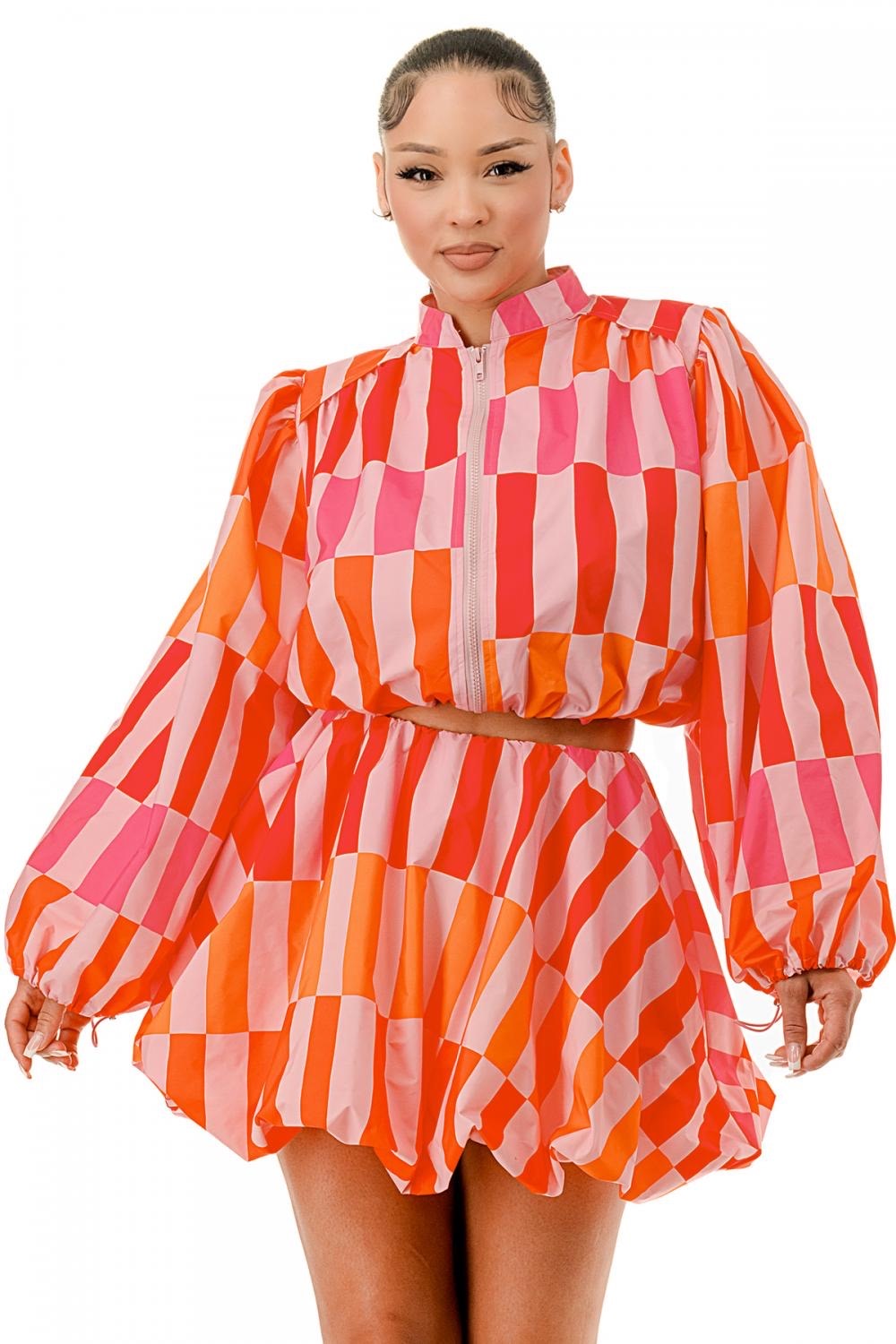Balloon Long Sleeves Front Zipper Closure Crop Jacket & Mini Bubble Skirt -2 Piece Set The House of Stylez