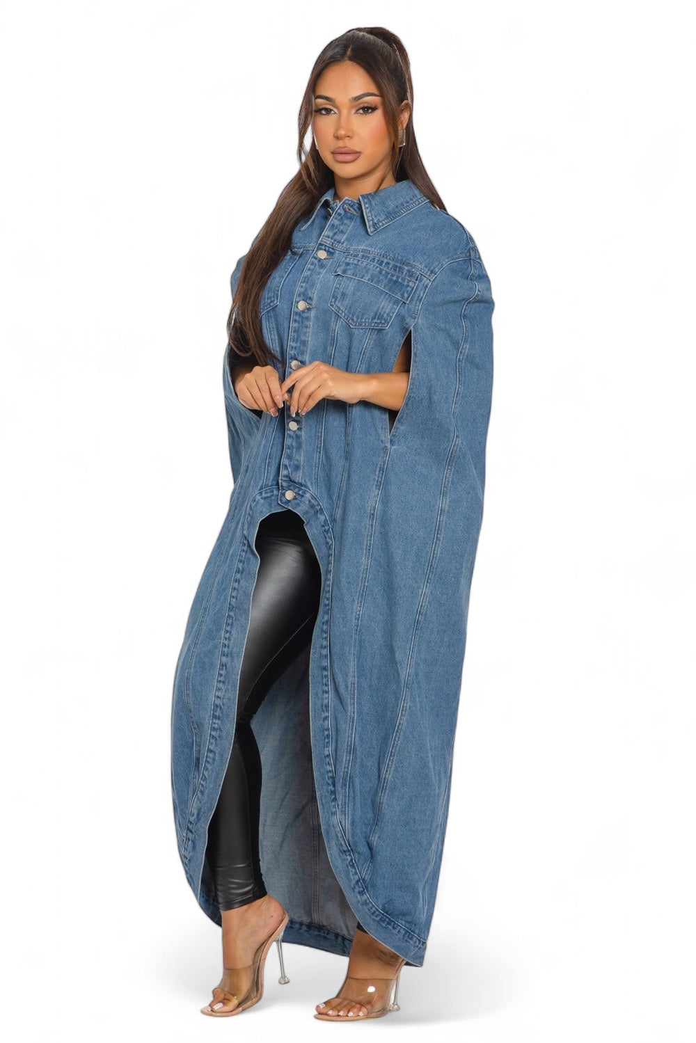 Denim Hi Low Pancho Long Cape Jacket The House of Stylez