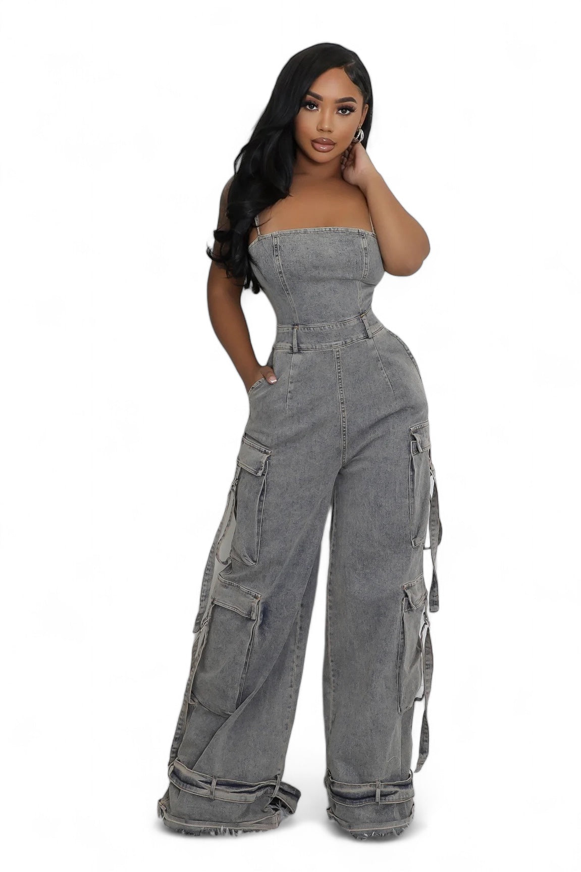 Black Denim Jean Cargo Jumpsuit The House of Stylez