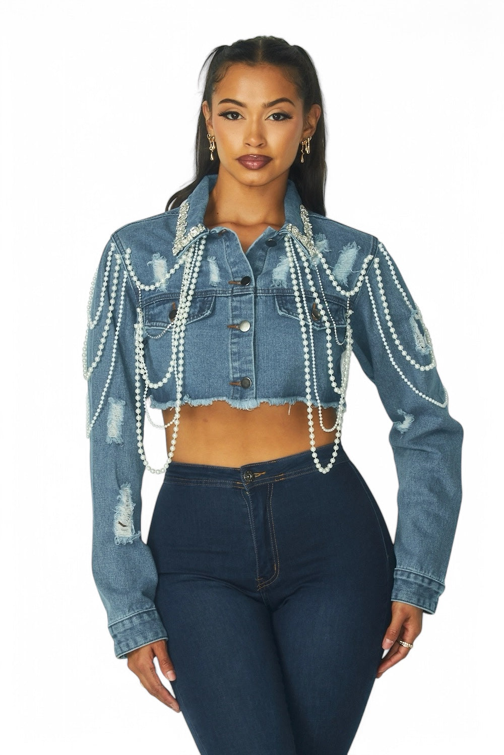 Artemila Pearl & Rhinestone Denim Crop Jacket The House of Stylez