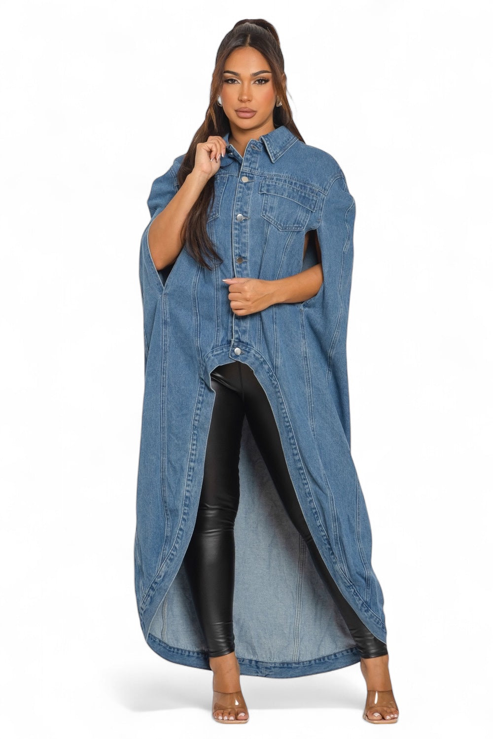Denim Hi Low Pancho Long Cape Jacket The House of Stylez