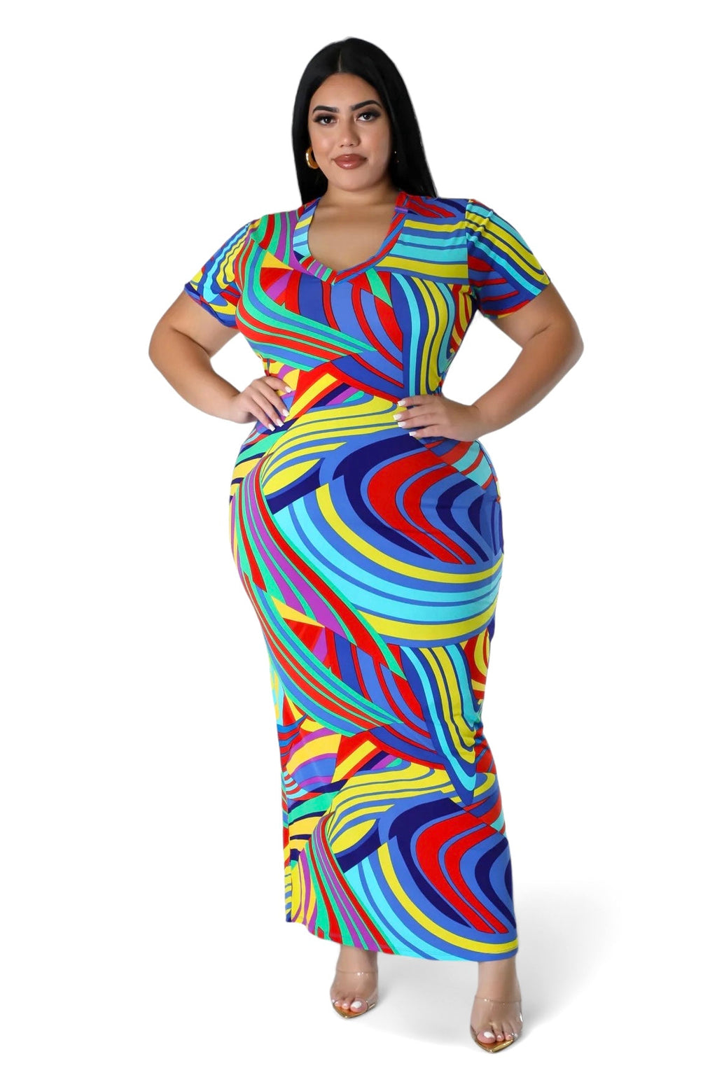 Curvy Multi Color V-NecK Maxi Dress The House of Stylez