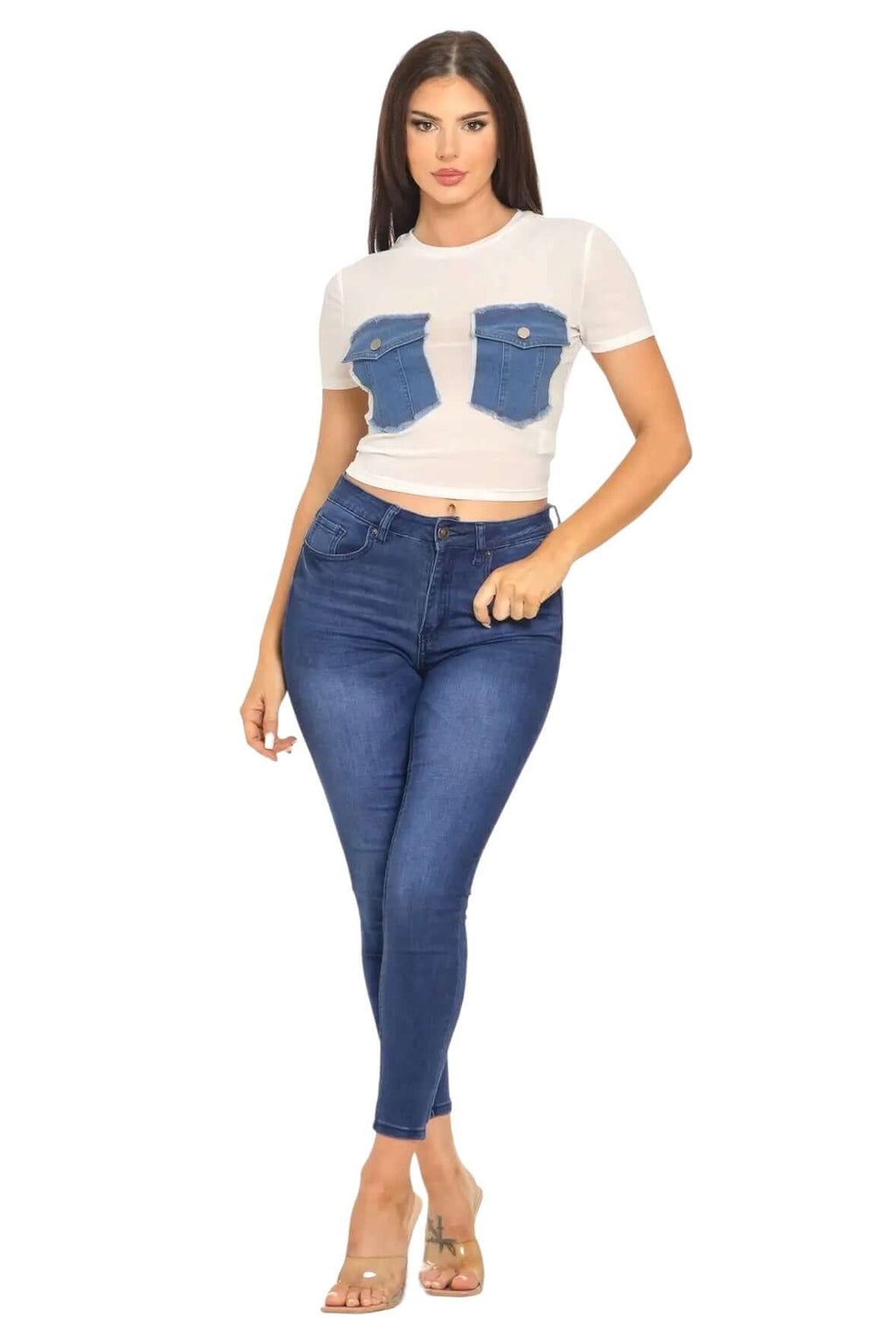 Mesh Front Denim Distressed Button Pockets Top {See Thru} The House of Stylez