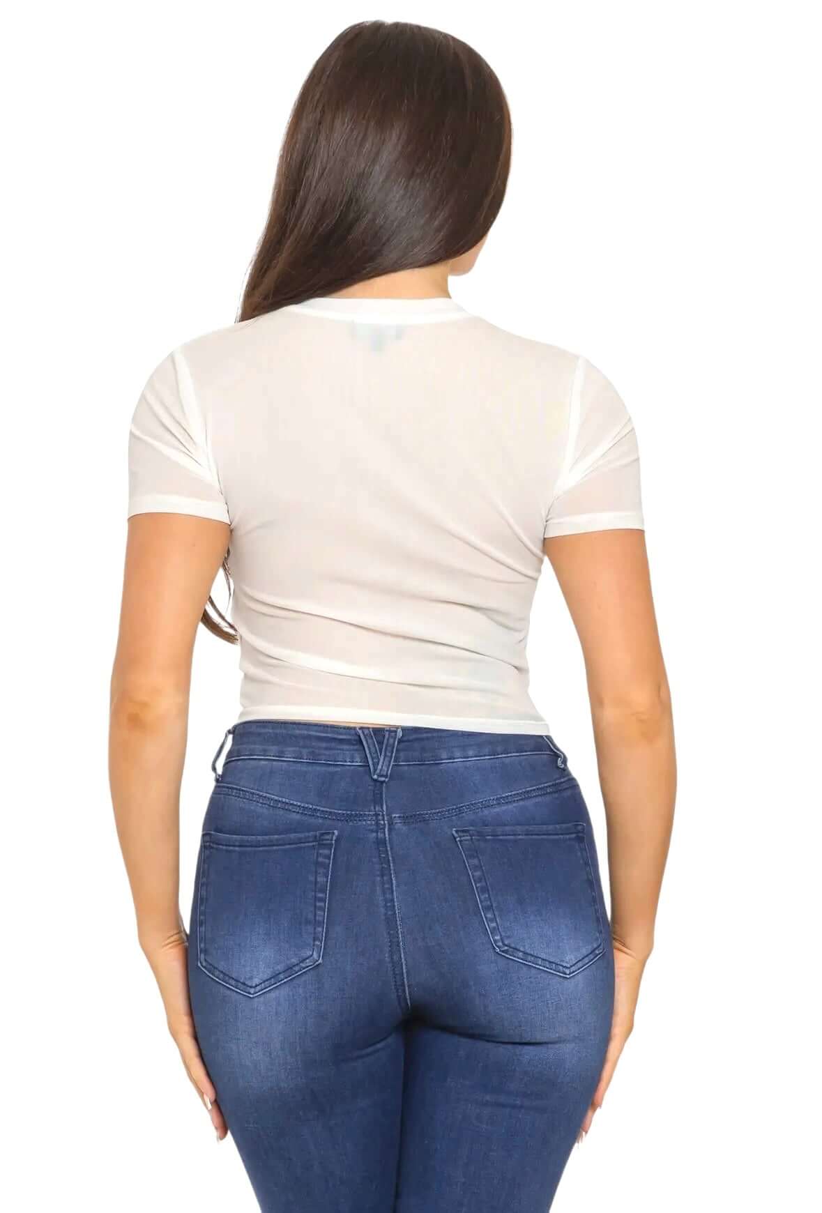 Mesh Front Denim Distressed Button Pockets Top {See Thru} The House of Stylez