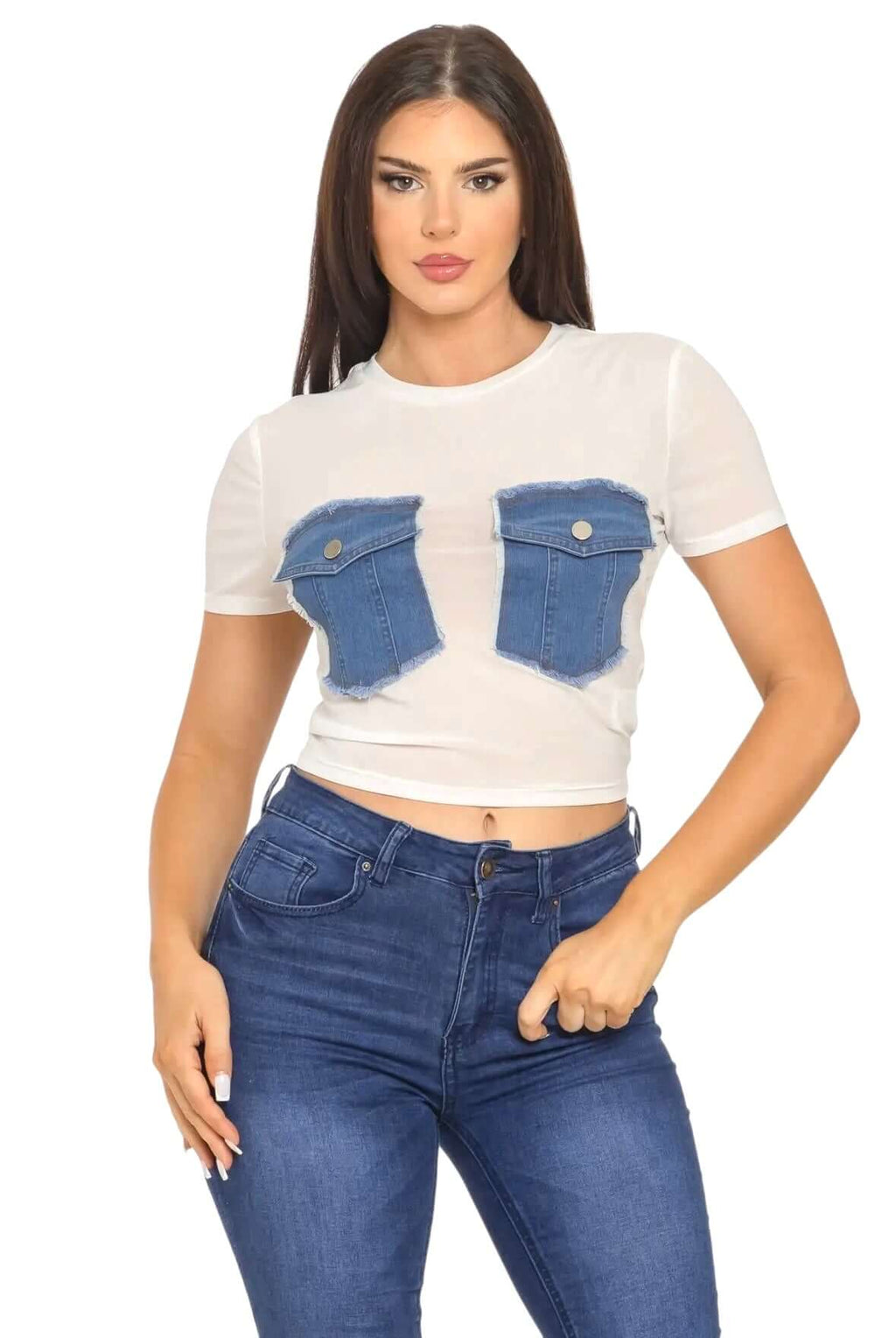 Mesh Front Denim Distressed Button Pockets Top {See Thru} The House of Stylez