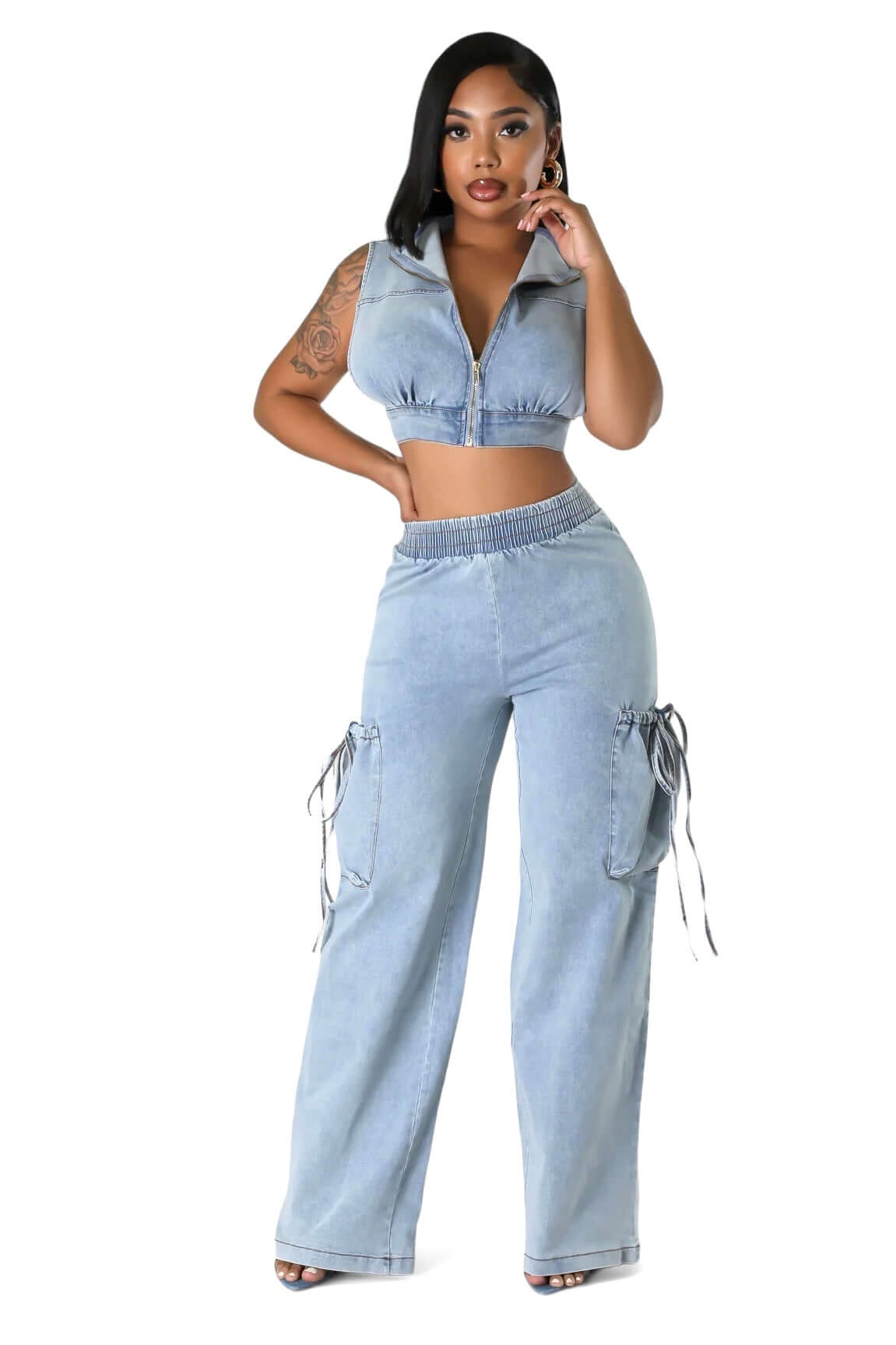 Two Piece Denim Cropped Top & Cargo Jean Pants Set The House of Stylez