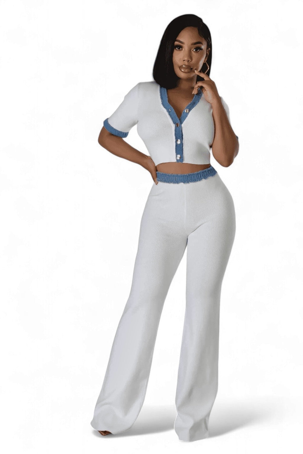 Two Piece Knit Pants Set with Denim Trim The House of Stylez