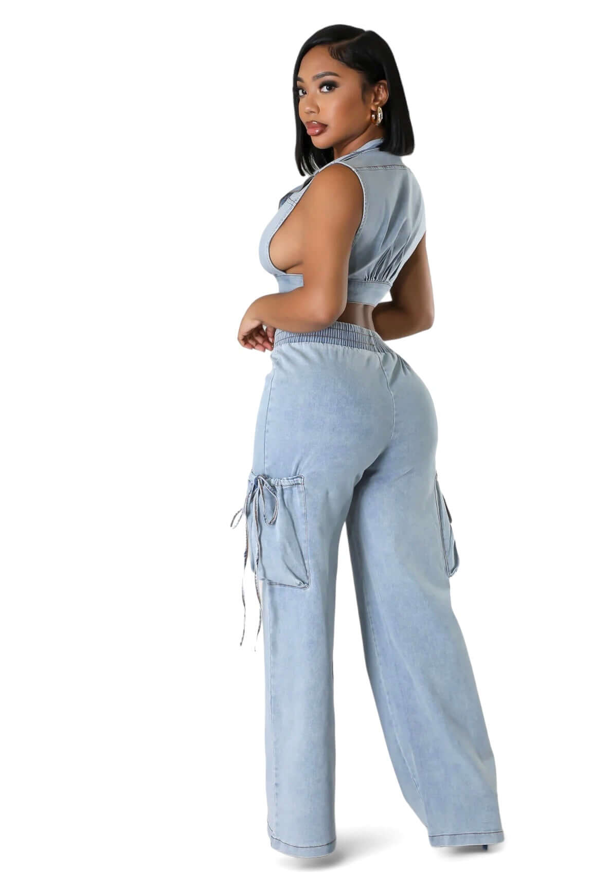 Two Piece Denim Cropped Top & Cargo Jean Pants Set The House of Stylez