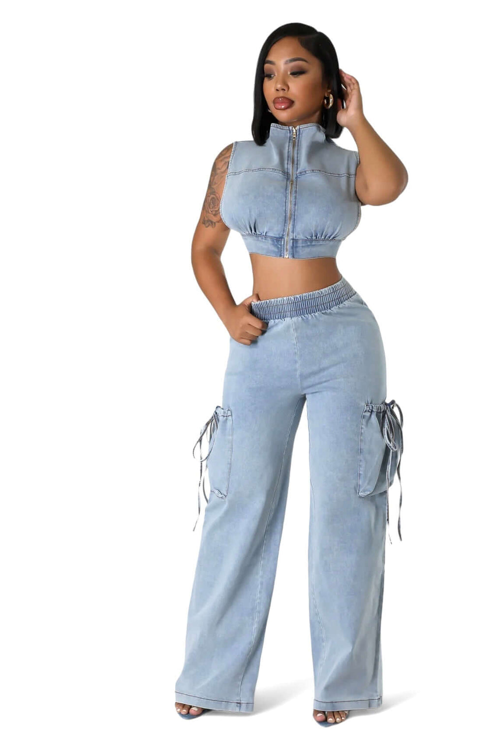 Two Piece Denim Cropped Top & Cargo Jean Pants Set The House of Stylez