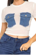 Mesh Front Denim Distressed Button Pockets Top {See Thru} The House of Stylez