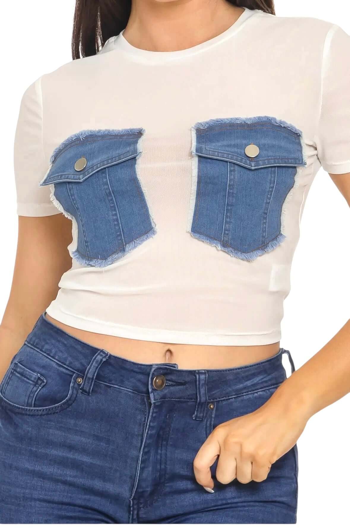 Mesh Front Denim Distressed Button Pockets Top {See Thru} The House of Stylez