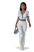 Two Piece Knit Pants Set with Denim Trim The House of Stylez