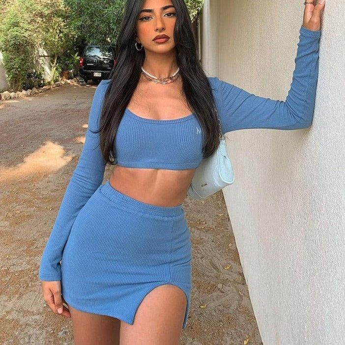 Long Sleeves Solid Navel Low Neck Bodycon Top Sexy Mini Dress Set nowadaysfashion