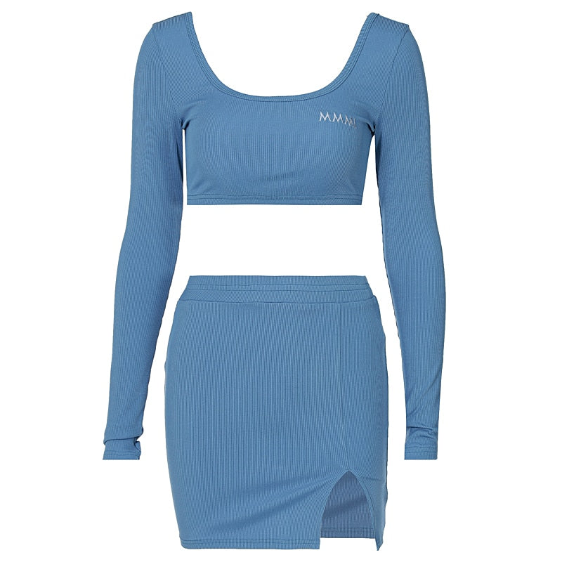 Long Sleeves Solid Navel Low Neck Bodycon Top Sexy Mini Dress Set nowadaysfashion
