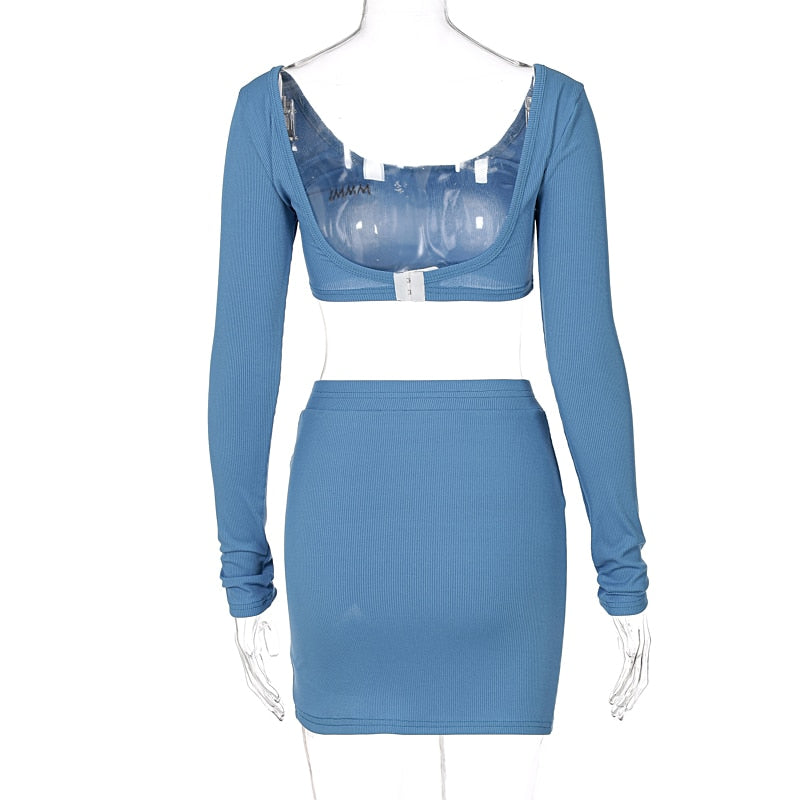 Long Sleeves Solid Navel Low Neck Bodycon Top Sexy Mini Dress Set nowadaysfashion