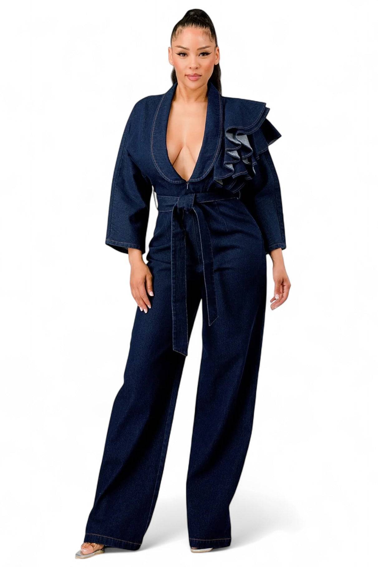 Dark Denim Ruffle Shoulder Jumpsuit The House of Stylez