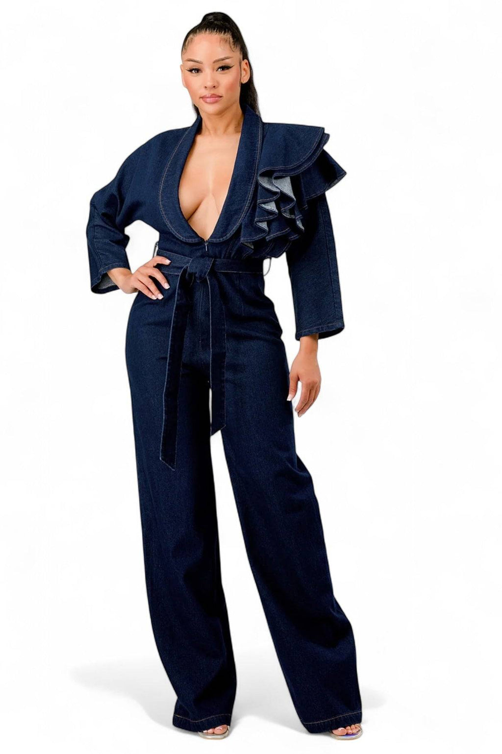 Dark Denim Ruffle Shoulder Jumpsuit The House of Stylez