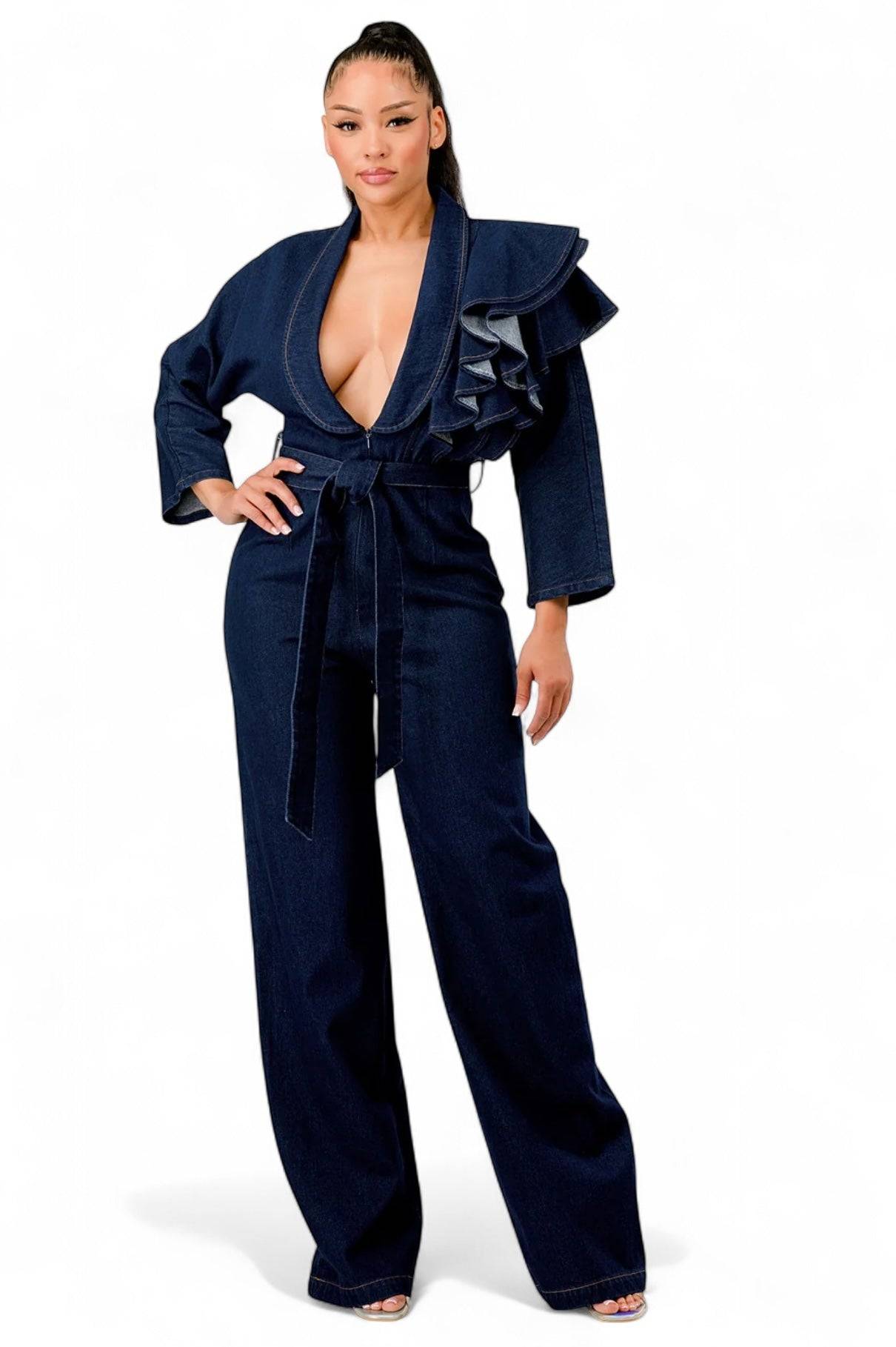 Dark Denim Ruffle Shoulder Jumpsuit The House of Stylez