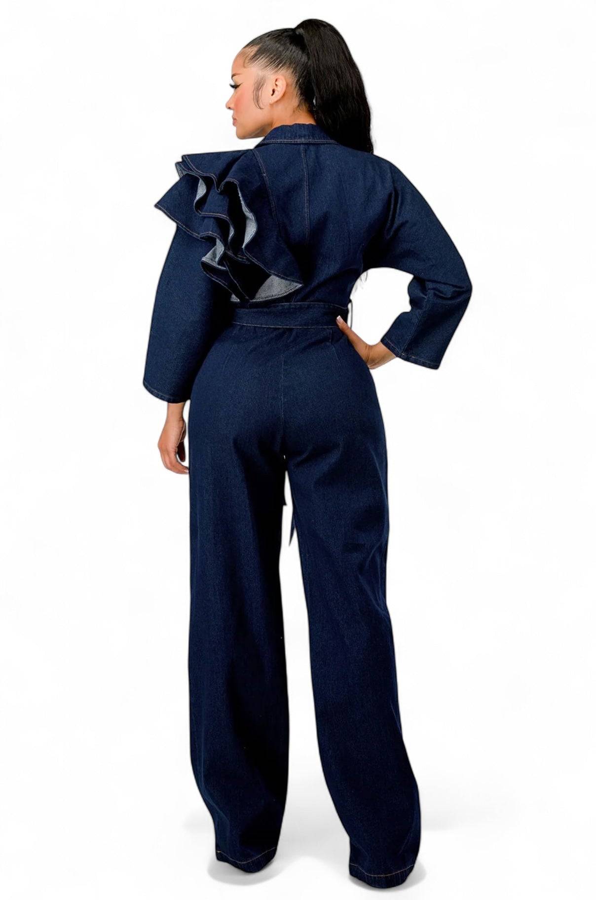 Dark Denim Ruffle Shoulder Jumpsuit The House of Stylez