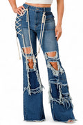 Curvy Lace-Up Shredded Flare Denim Pants The House of Stylez