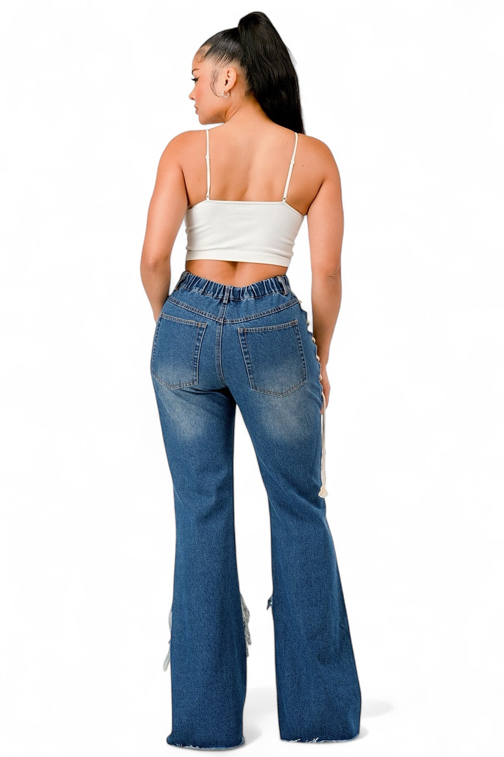 Curvy Lace-Up Shredded Flare Denim Pants The House of Stylez