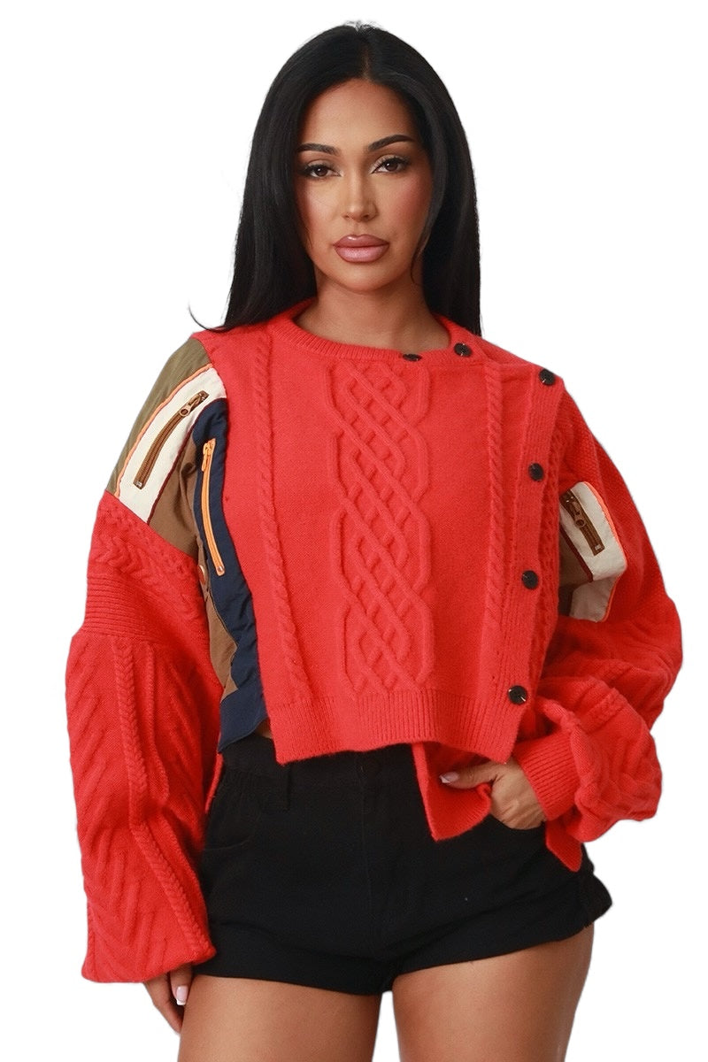 Asymmetric Patchwork Knit Button Sweater The House of Stylez