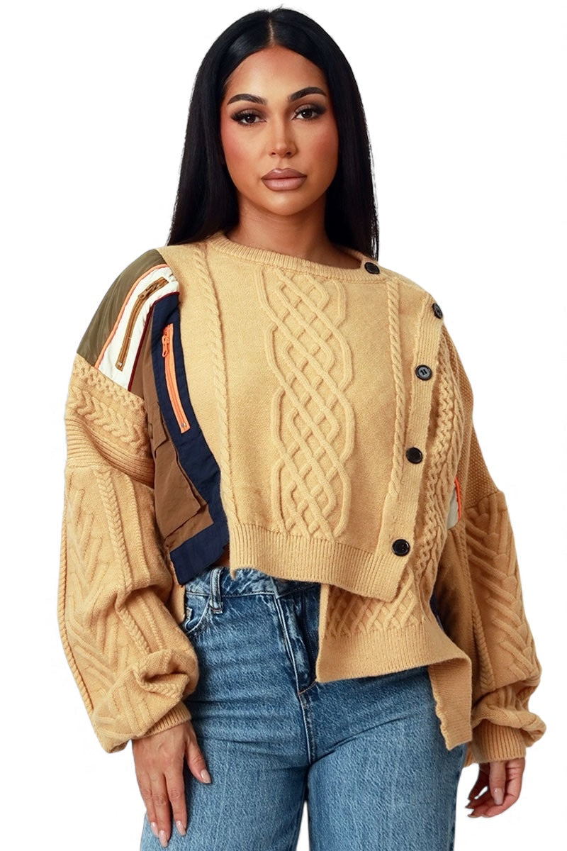 Asymmetric Patchwork Knit Button Sweater The House of Stylez