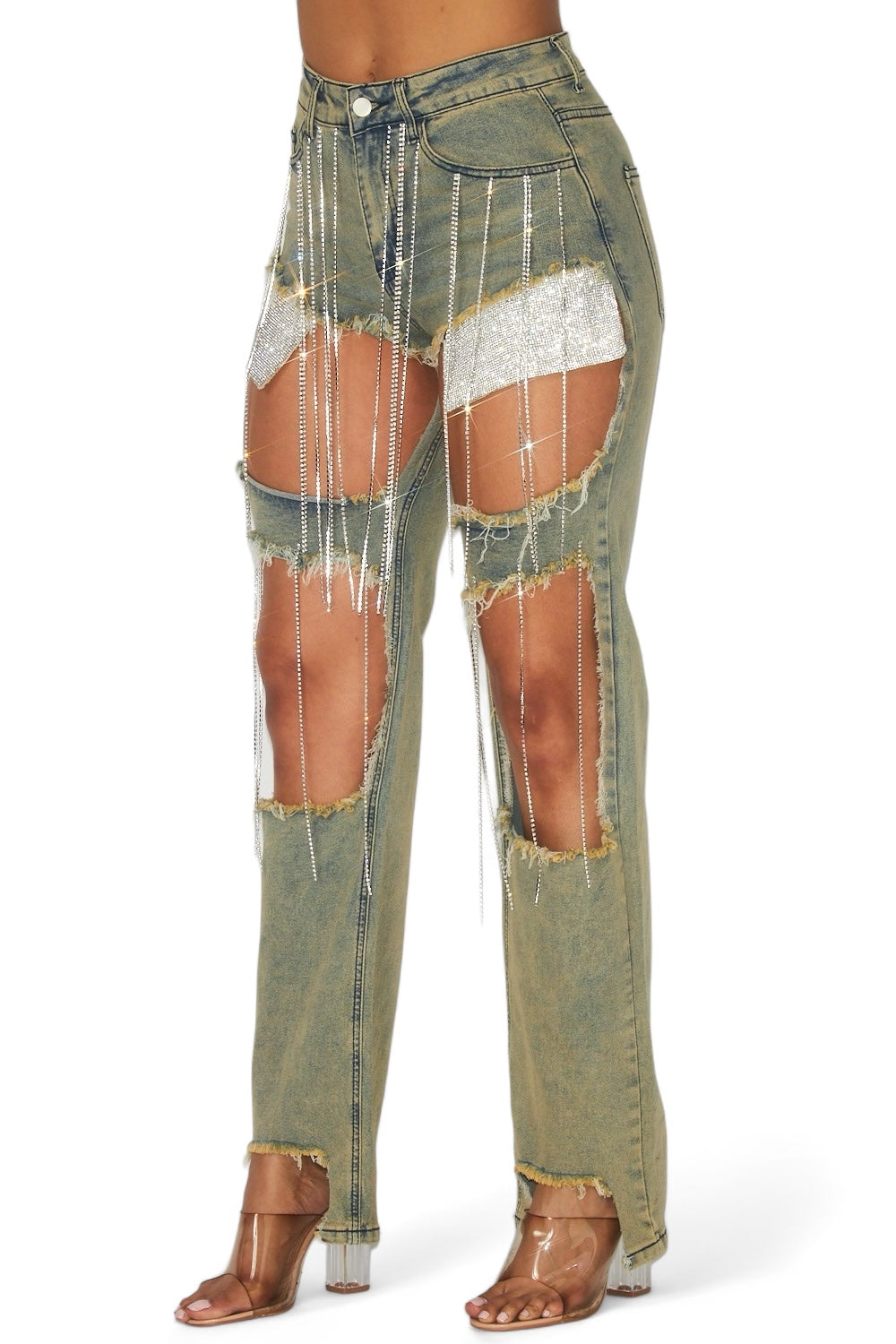 Elaine Rhinestone Chain Embellished Denim Jeans The House of Stylez