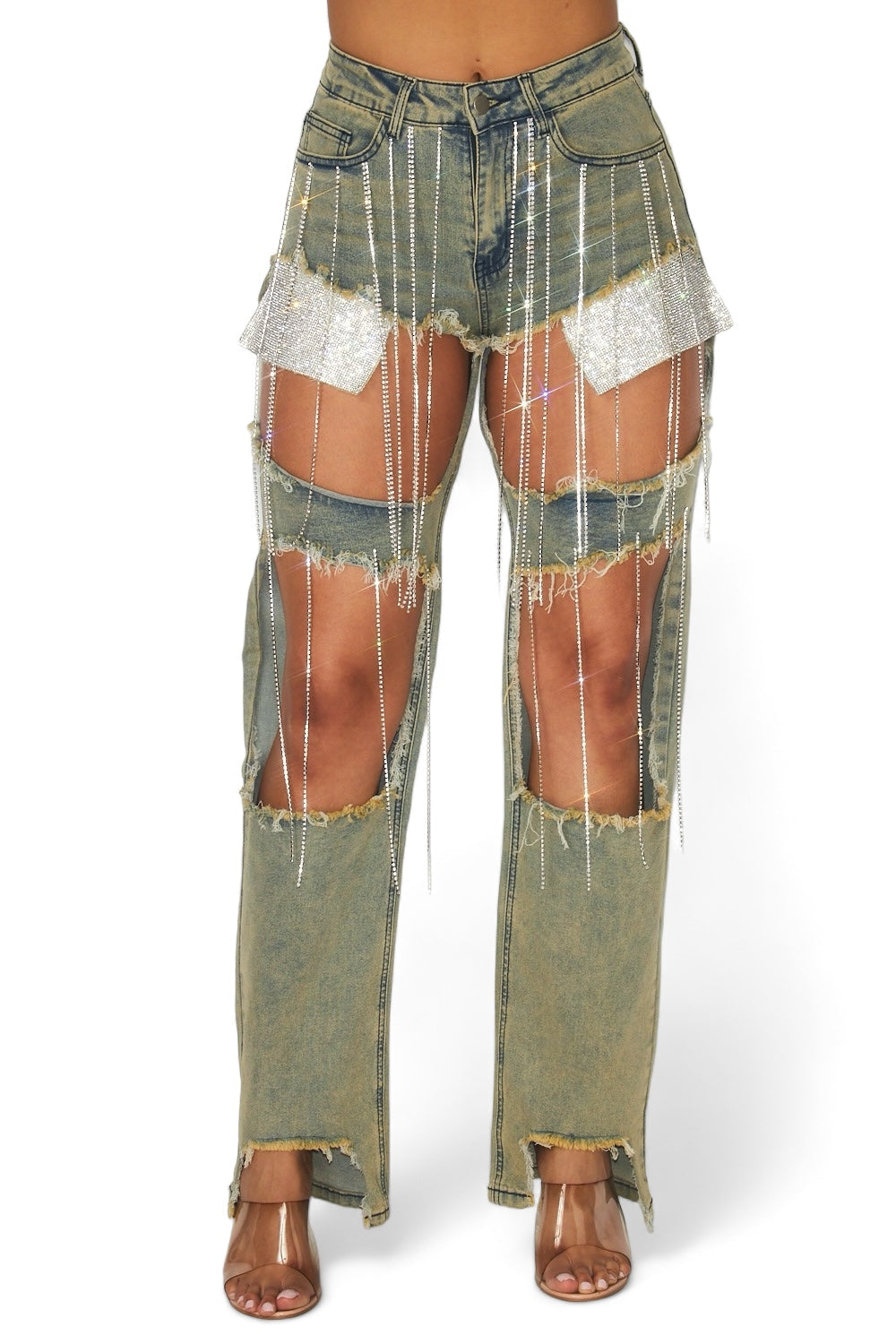 Elaine Rhinestone Chain Embellished Denim Jeans The House of Stylez