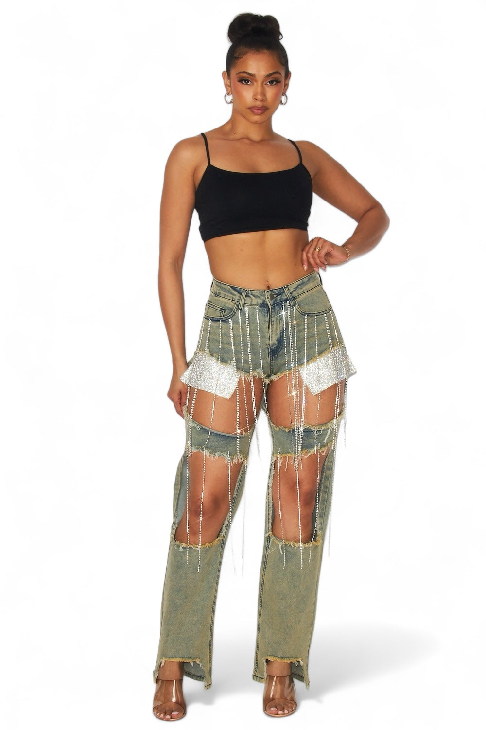 Elaine Rhinestone Chain Embellished Denim Jeans The House of Stylez