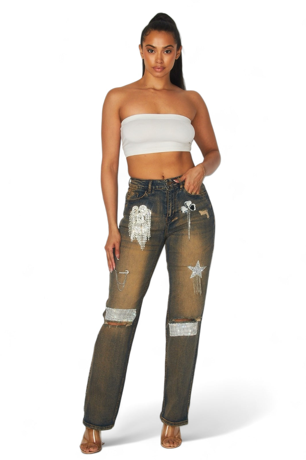 Dreaming Of You Rhinestone Fringe Denim Pant Jeans The House of Stylez