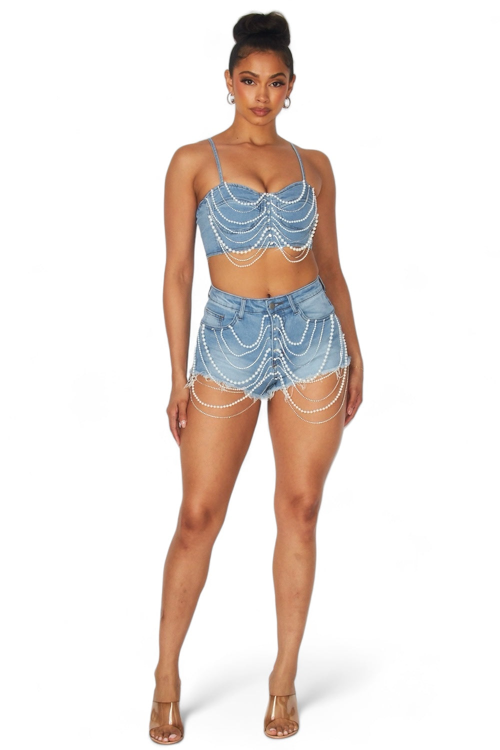 Pearl Detail Denim Short Set The House of Stylez